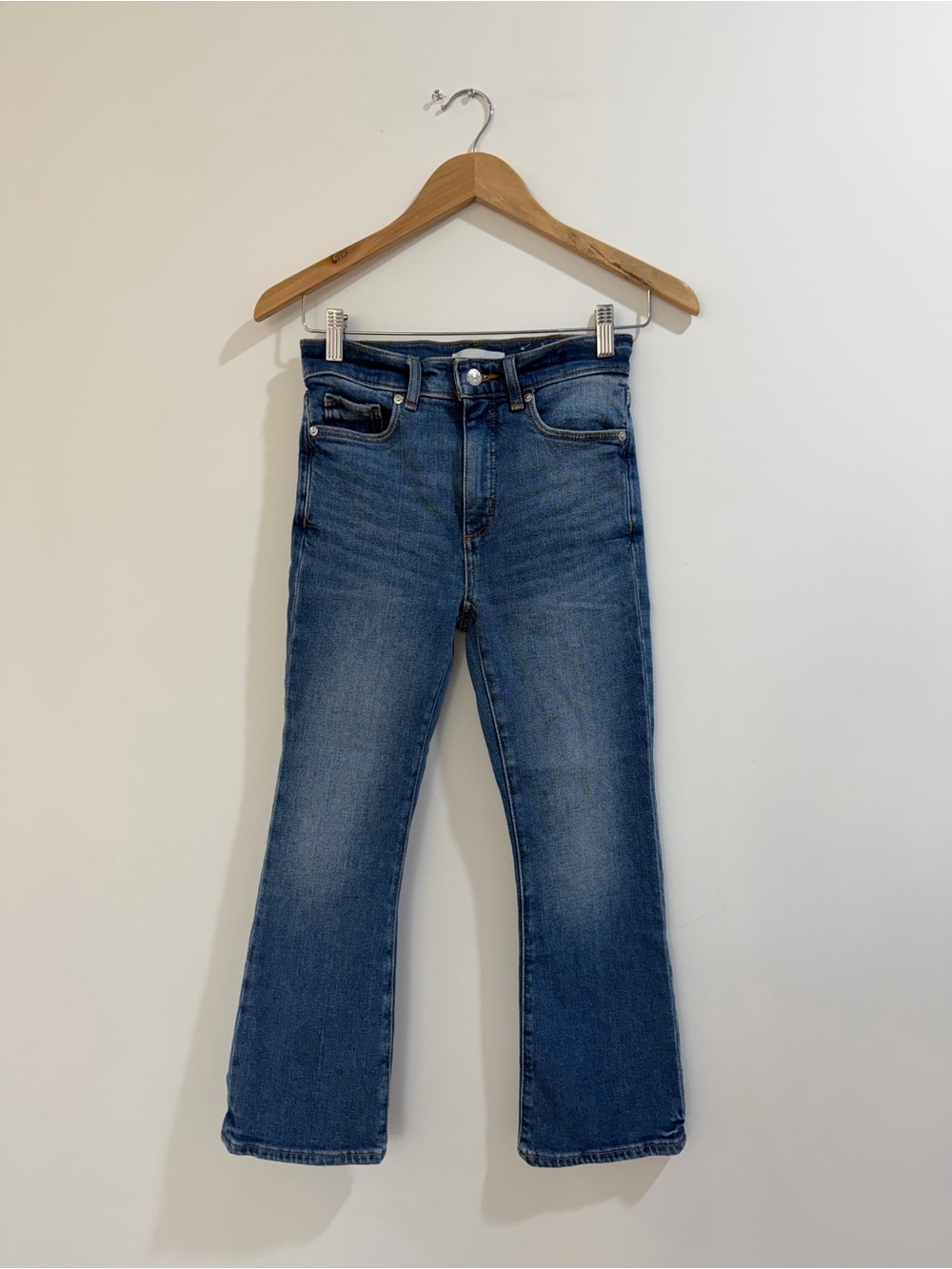 LOFT The Kick Crop Bright Medium Stone Wash Flare Jeans